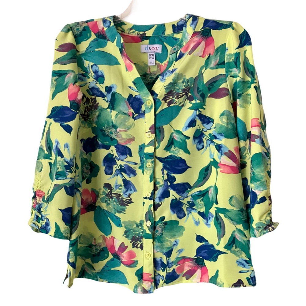 d&co (Denim & Co.) Blouse, Sz. XXS, Yellow/Blue/Pink Floral, 3/4 Sleeves
